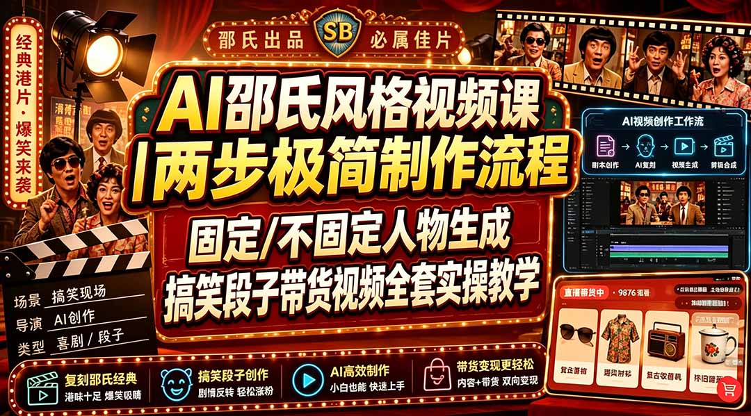 AI邵氏风格视频课|两步极简制作流程,固定/不固定人物生成,搞笑段子带货视频全套实操教学