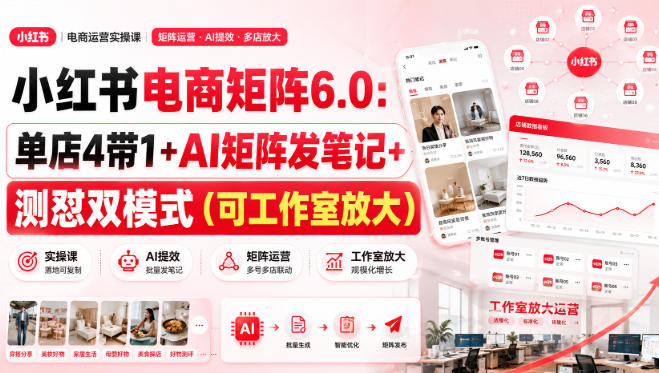 小红书电商矩阵6.0：单店4带1+AI矩阵发笔记+测怼双模式(可工作室放大)