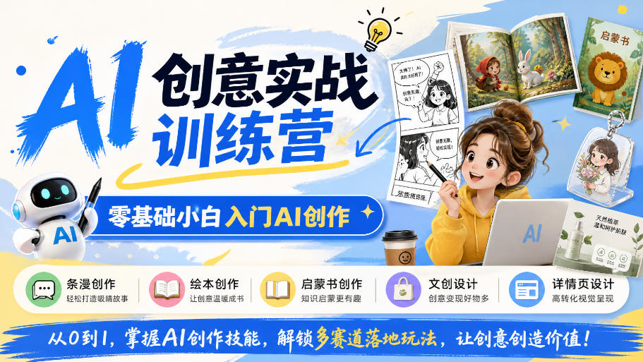 AI创意实战训练营，零基础小白入门AI创作，解锁条漫、绘本、启蒙书、文创、详情页多赛道落地玩法