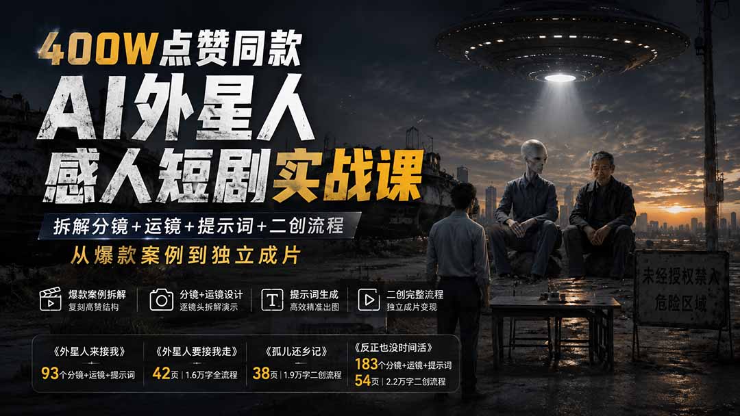 400W点赞同款AI外星人感人短剧实战课-更新1009：拆解分镜+运镜+提示词+二创流程，从爆款案例到独立成片