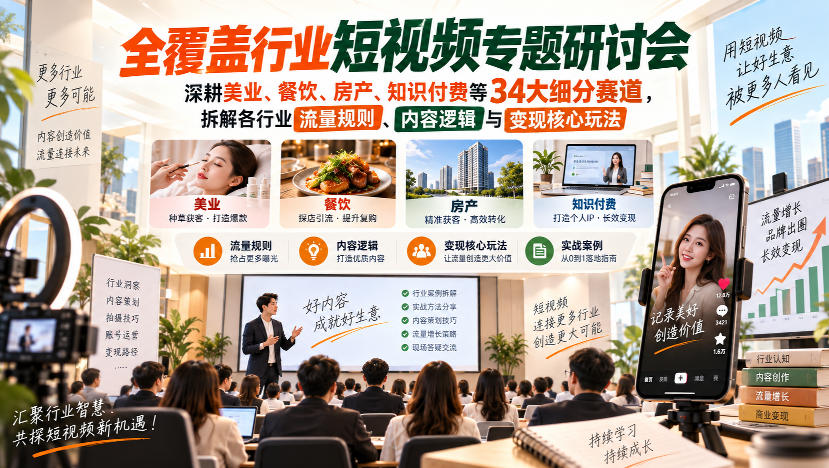 短视频专题研讨会，深耕美业、餐饮、房产、知识付费等34大细分赛道，拆解各行业流量规则、内容逻辑与变现核心玩法(更新1011)