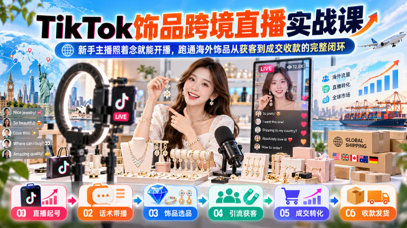 TikTok饰品跨境直播实战课，新手主播照着念就能开播，跑通海外饰品从获客到成交收款的完整闭环