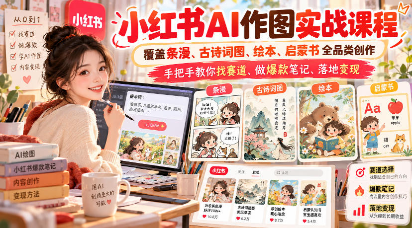 小红书AI作图实战课程，覆盖条漫、古诗词图、绘本、启蒙书全品类创作，手把手教你找赛道、做爆款笔记、落地变现(更新1017)