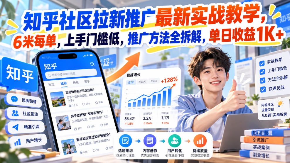 知乎社区拉新推广最新实战教学，6米每单，上手门槛低，推广方法全拆解，单日收益1K+！(更新1021)