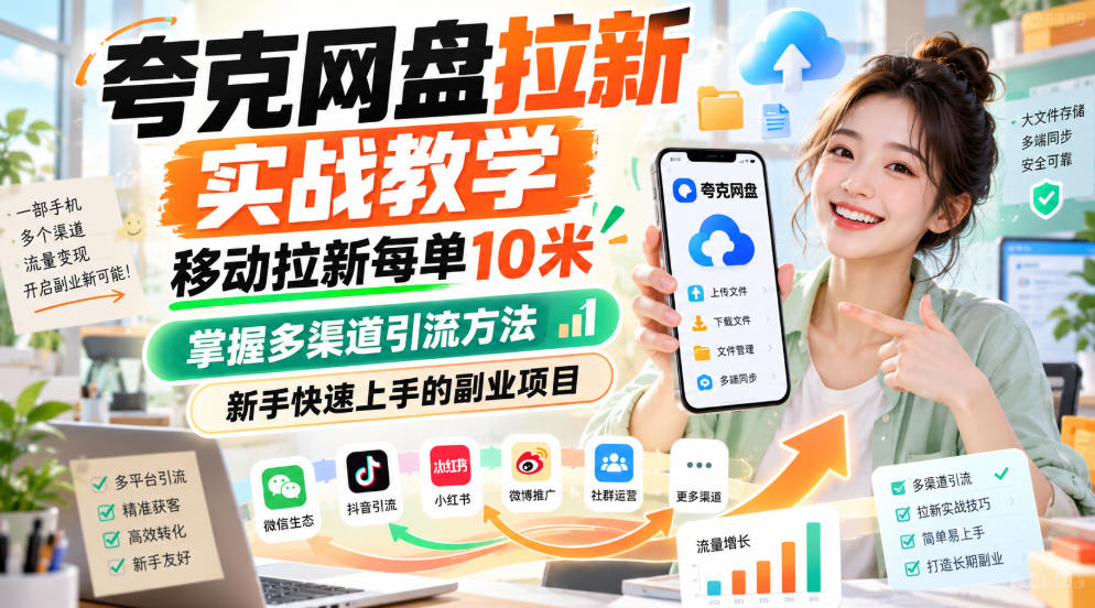 夸克网盘拉新实战教学，移动拉新每单10米，掌握多渠道引流方法，新手快速上手的副业项目(更新1023)