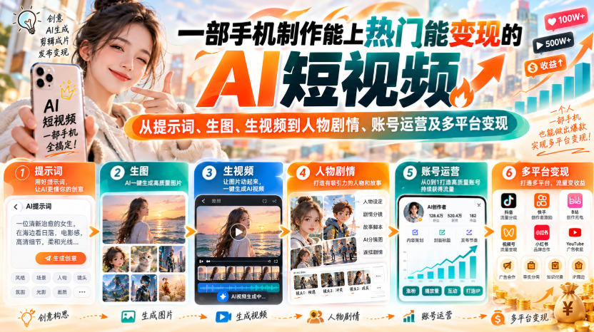 【无水印】一部手机制作能上热门能变现的AI短视频，从提示词、生图、生视频到人物剧情、账号运营及多平台变现(更新)